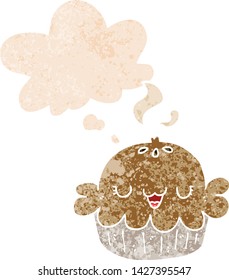 cute cartoon pie with thought bubble in grunge distressed retro textured style