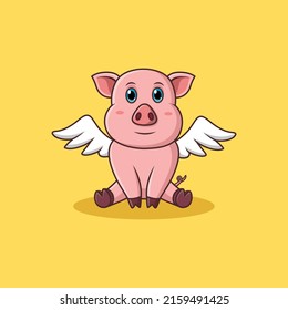Cute cartoon pig angel. Vector illustration