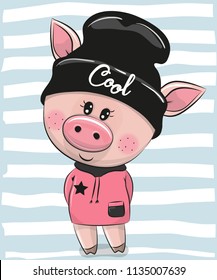 Cute Cartoon Pig in a black hat