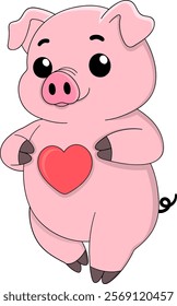 A cute cartoon pig with a bright pink body and a cheerful expression, holding a red heart, perfect for a playful Valentines Day theme