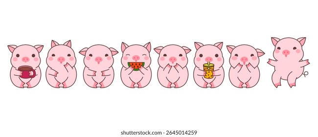 Porco de desenho animado bonito com chá de bolha, melancia, xícara de café. Feliz kawaii porco piglet adesivo clipart ilustração animal. Piglet Stock ilustração vetor isolado no fundo branco.
