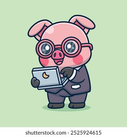 Cute Cartoon Pig Businessman With Laptop Vector Icon Illustration. Technology And Animal Icon Concept Isolated Premium Vector. Finance Cartoon Style