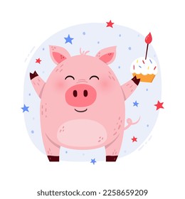 Cute cartoon pig with a cake. Birthday concept with a funny animal. Design for invitation, banner, card. Vector illustration