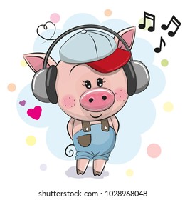 Cute cartoon Pig in a cap with headphones