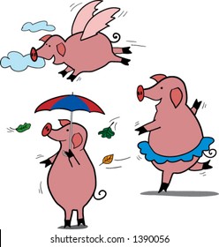 Cute cartoon pig characters. Flying piggy, ballet piggy and pig with umbrella on a windy day. Each on seprate layer