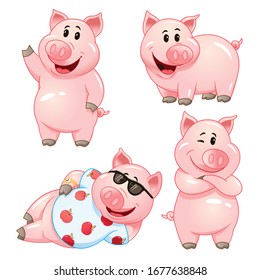 Cute cartoon pig characters in various poses. Vector illustration set.