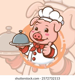 Cute Cartoon Pig Chef With Uniform And Hat Holding A Plate