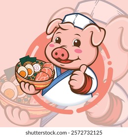 Cute Cartoon Pig Chef With Uniform And Hat Holding A Ramen Bowl