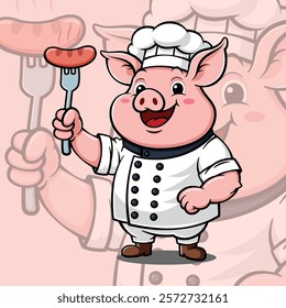 Cute Cartoon Pig Chef With Uniform And Hat Holding A Sausage