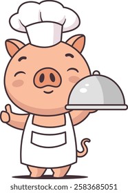 Cute cartoon pig chef wearing a white apron and hat, holding a silver serving tray with a cheerful smile and thumbs-up gesture. Perfect for food-related designs, restaurant branding, children's books,