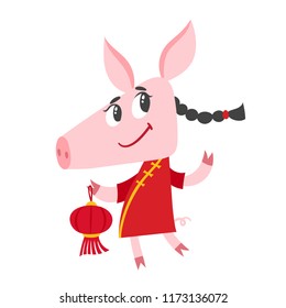 Cute cartoon pig in chinese costume with chinese lantern isolated on white. Vector illustration with symbol of chinese calendar used for poster, greeting card, book and banner.