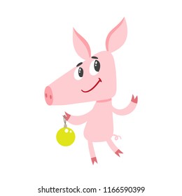 Cute cartoon pig with christmas ball isolated on white. Vector illustration with symbol of chinese calendar used for poster, greeting card, book and banner.