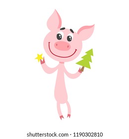 Cute cartoon pig with christmas tree and star isolated on white. vVector illustration with symbol of chinese calendar used for poster, greeting card, book and banner.