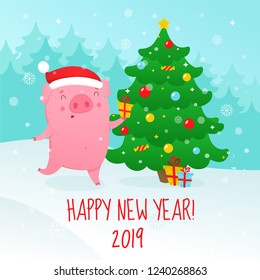 Cute cartoon pig and Christmas Tree . Symbol of 2019 new year. Vector illustration.