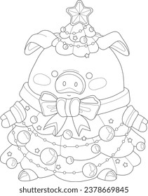 Cute cartoon pig in Christmas tree costume with a bow graphic sketch template. Vector illustration for kids in black and white for games, background, pattern, decor. Coloring paper, page, story book. 