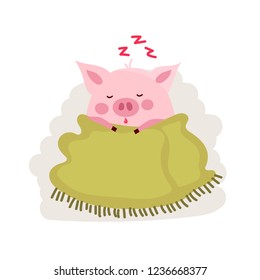 Cute cartoon pig covered by blanket isolated on white. Vector illustration with cartoon symbol of chinese calendar used for poster, greeting card, book and banner.