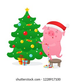 Cute cartoon pig decorates Christmas Tree . Symbol of 2019 new year. Vector illustration.