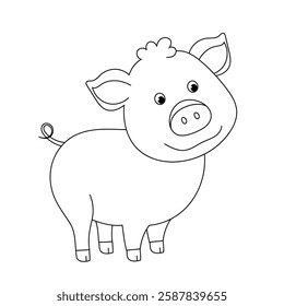 Cute cartoon pig. Domestic animal. Kids doodle illustration funny pig. Colouring book. 