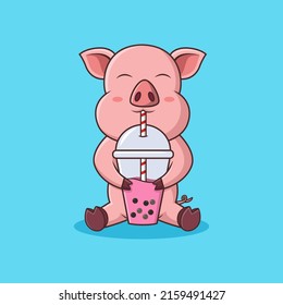 lindo cerdo de dibujos animados bebiendo hielo pop. Ilustración del vector