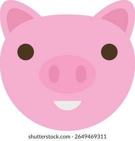 Cute cartoon pig face with pink ears, round black eyes, and a smiling mouth, designed in a simple and playful style suitable for children’s materials or farm-themed illustrations.