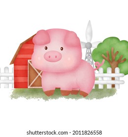 Cerdo de dibujos animados en una granja 