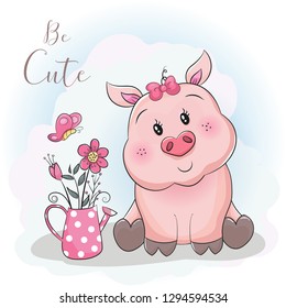 cute cartoon pig and flower with sky background