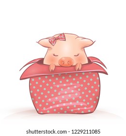 Cute Cartoon Pig in a gift box. Chinese New Year 2019