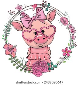 Cute Cartoon Pig girl in a flowers frame