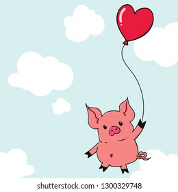 Cute cartoon pig hanging with heart shape balloon, hand drawn style vector.