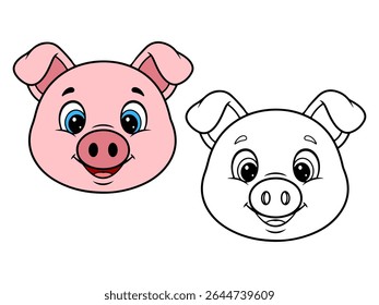 Cute cartoon pig head illustration, with one colored pink version and one black and white outline. Ideal for farm animal themes or coloring pages.