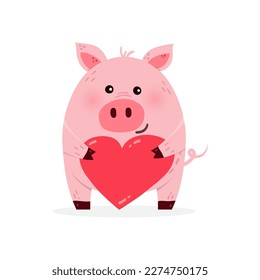 Cute cartoon pig with heart on a white background. Design of a funny animal character. Vector illustration