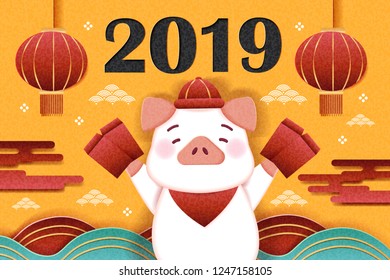 cute cartoon pig hold red envelope with 2019 number