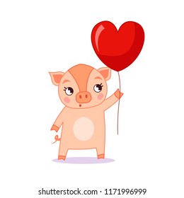 A cute cartoon pig holding a balloon in the shape of a heart. Template of a postcard on Valentine's Day.
