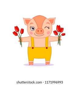 Cute cartoon pig holding bouquets of tulips. Template of the postcard on March 8.
