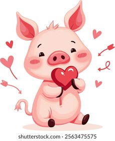 cute cartoon pig holding a lollipop shaped like a heart