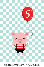 cute cartoon pig holds a balloon with number 5. cute pig 5th birthday celebration vector.