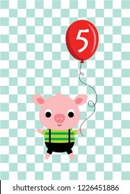 cute cartoon pig holds a balloon with number 5. cute pig 5th birthday celebration vector.