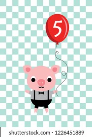 cute cartoon pig holds a balloon with number 5. cute pig 5th birthday celebration vector.