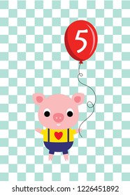 cute cartoon pig holds a balloon with number 5. cute pig 5th birthday celebration vector.