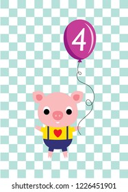cute cartoon pig holds a balloon with number 4. cute pig 4th birthday celebration vector.