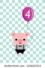 cute cartoon pig holds a balloon with number 4. cute pig 4th birthday celebration vector.