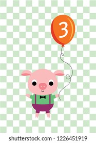 cute cartoon pig holds a balloon with number 3. cute pig 3rd birthday celebration vector.