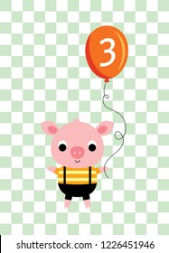 cute cartoon pig holds a balloon with number 3. cute pig 3rd birthday celebration vector.