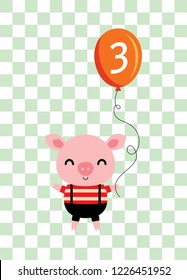 cute cartoon pig holds a balloon with number 3. cute pig 3rd birthday celebration vector.