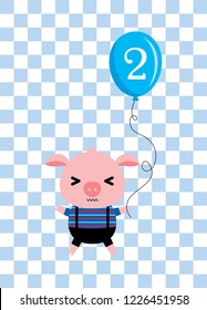 cute cartoon pig holds a balloon with number 2. cute pig 2nd birthday celebration vector.