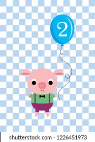 cute cartoon pig holds a balloon with number 2. cute pig 2nd birthday celebration vector.