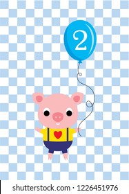 cute cartoon pig holds a balloon with number 2. cute pig 2nd birthday celebration vector.