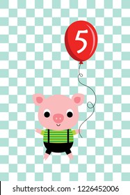 cute cartoon pig holds a balloon with number 5. cute pig 5th birthday celebration vector.