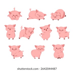 A cute cartoon pig illustration set featuring the pig in various playful and expressive poses. Perfect for children designs, educational materials, farm themed projects, and character collections.