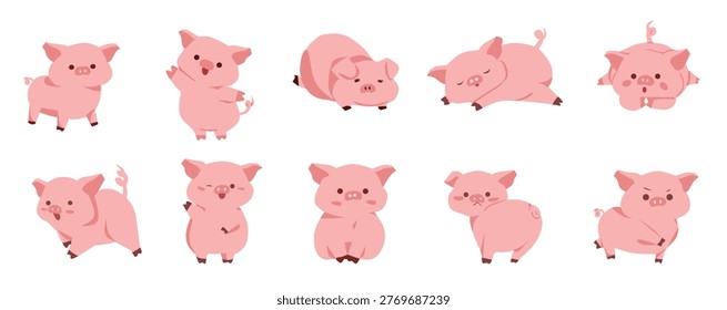 Cute cartoon pig illustration set featuring the pig, vector illustration.